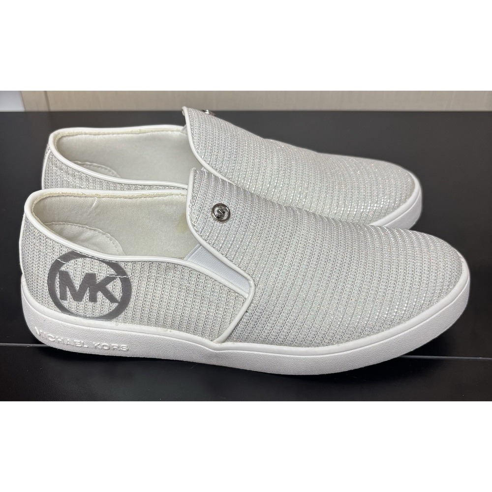 Michael Michael Kors Shoes Girls 3.5 White Silver Sparkle Slip‎ On Silver Logo